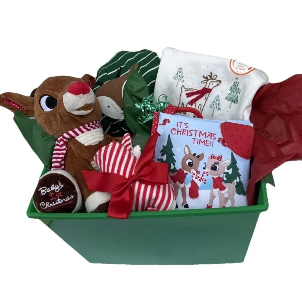 Christmas baby gift basket, Baby's 1st Christmas Rudolph Outfit Lovey‎ & Blanket