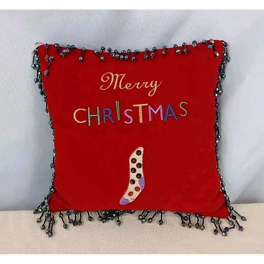 VTG Red Beaded Velvet Pillow Merry Christmas Small Sequin‎ Stocking Throw Pillow
