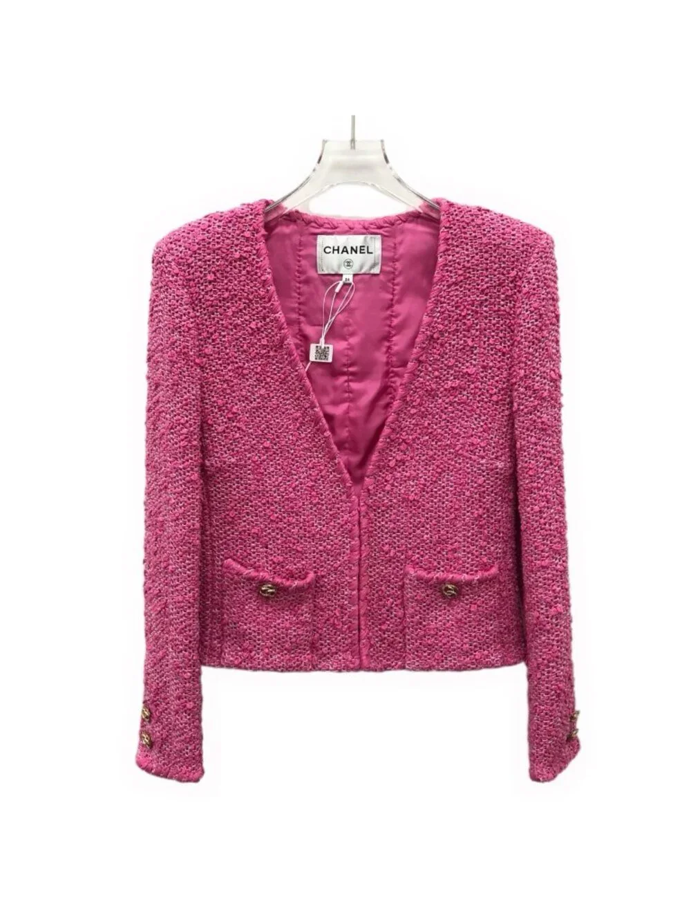 Chanel Rose Pink Cotton Tweed V-Neck Jacket