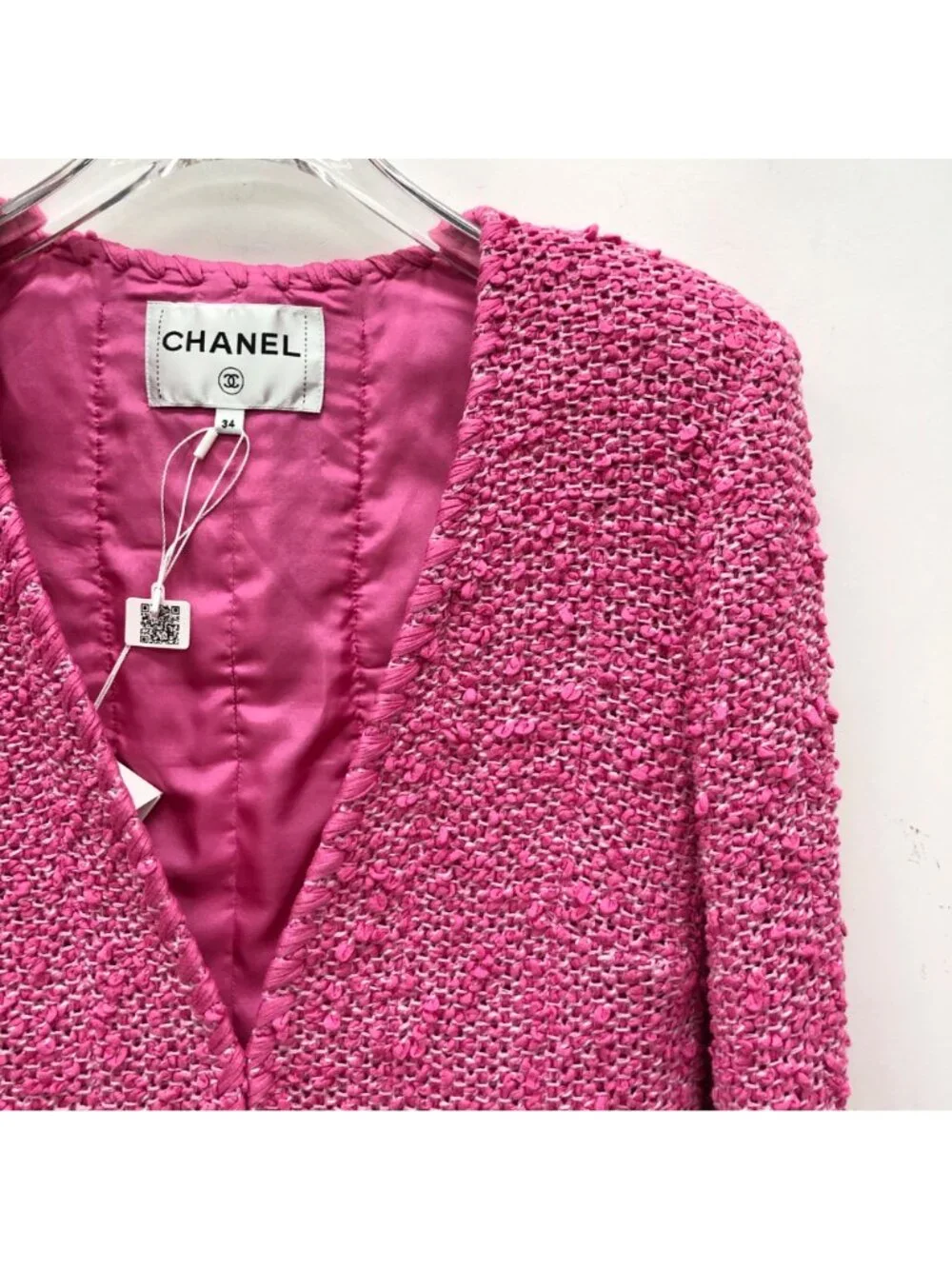Chanel Rose Pink Cotton Tweed V-Neck Jacket