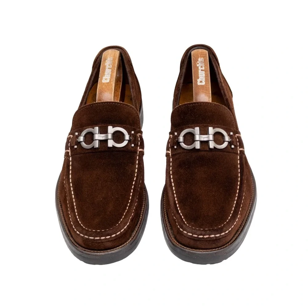 $849.00! Salvatore Ferragamo Gancini‎ Logo Suede Loafers Brown Men's US 8.5 D