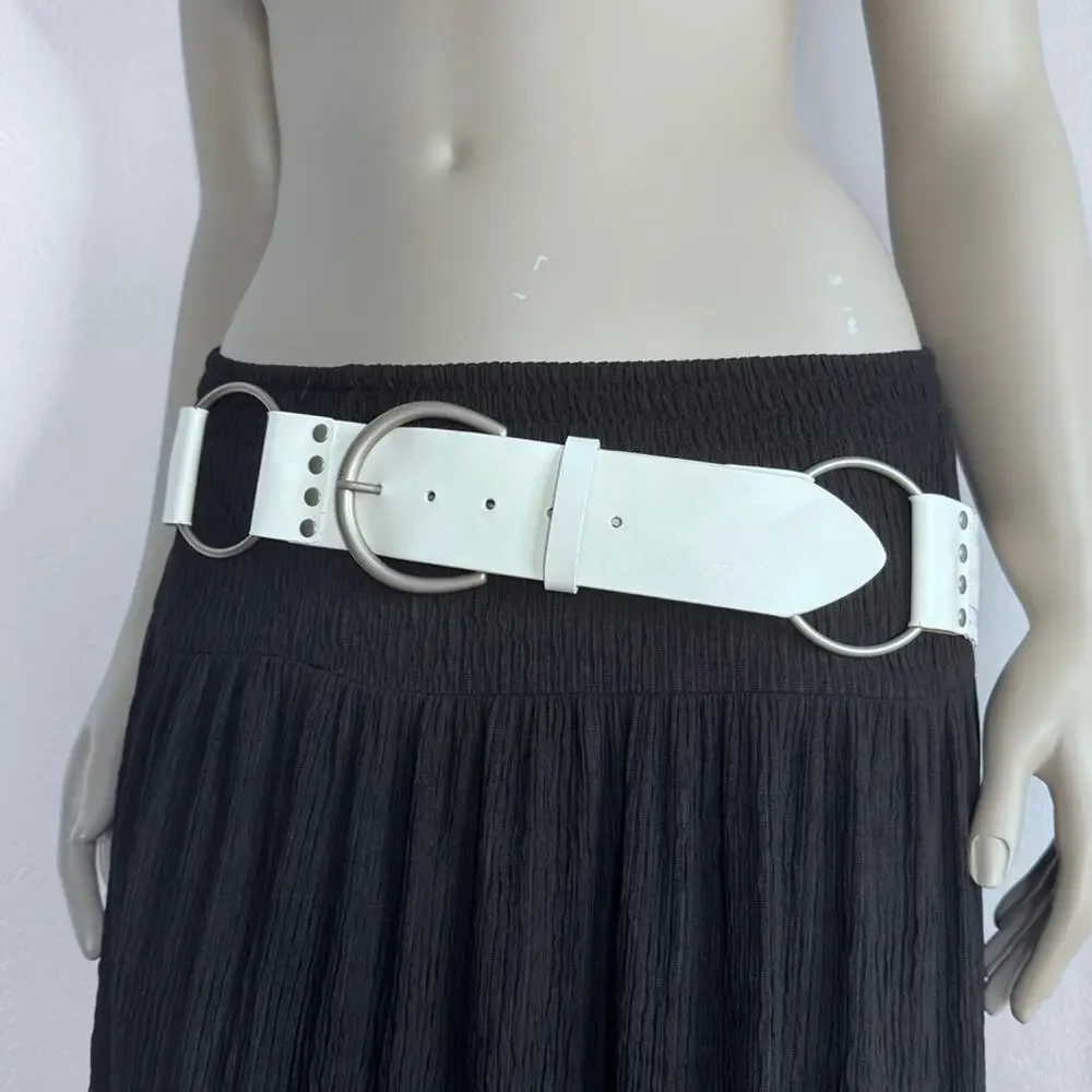 Y2K White Cutout O- Ring Belt Silver Hardware Wide Waist Cinch Cowgirl XXL