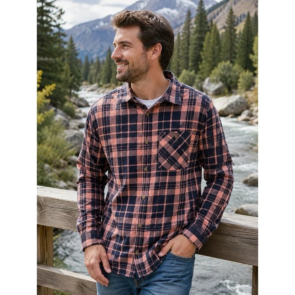 The‎ North Face Men's Large Pink Navy Plaid Button Front Shirt
