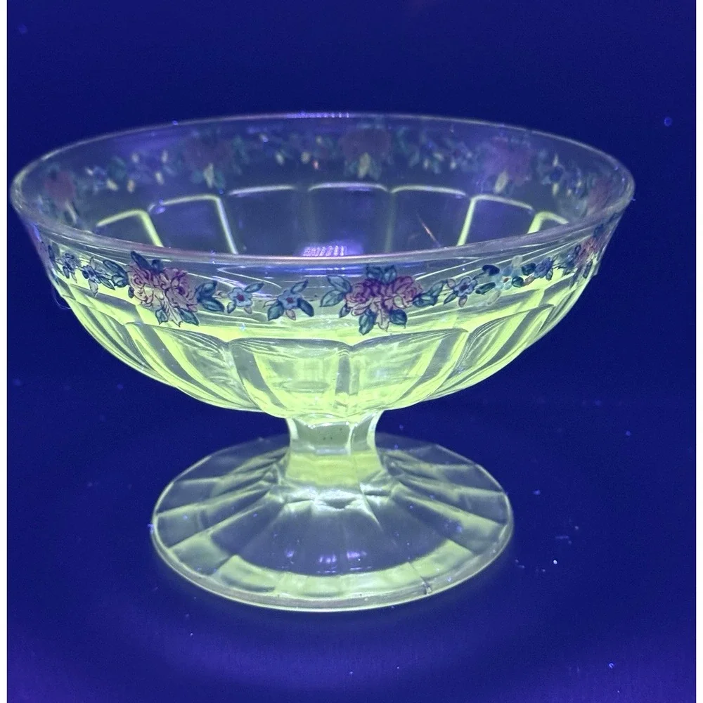 Vintage Glass Compote Pedestal Bowl UV REACTIVE Maganese Hand-Painted Floral‎