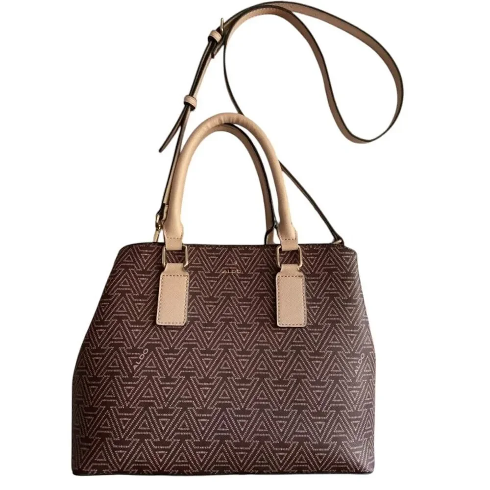 Aldo Patterned Taupe Satchel with Cream Trim