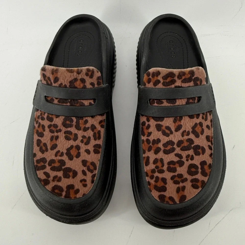Crocs Stomp Leopard Loafer Clog Black Women 9 Platform Chunky Y2K Slip On Funky