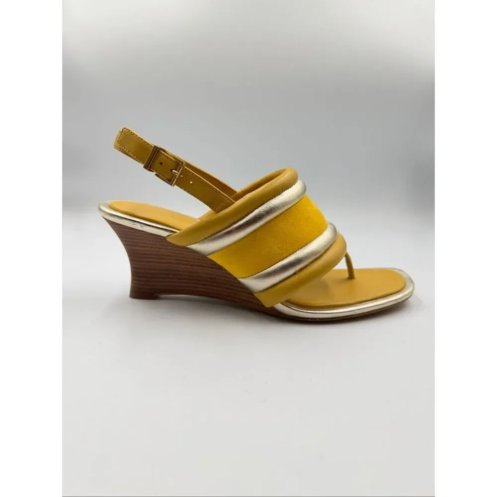 Tory Burch Yellow Metallic Puffy Leather Wedge Sandal Slingback Open Toe Size 9M