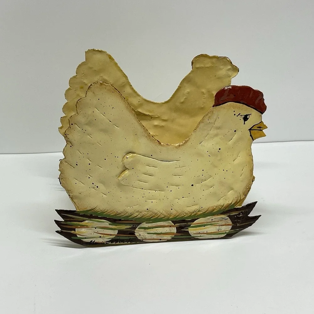 Hen On Nest Painted Metal Nesting Egg Basket Planter Country Core Farmhouse‎ Vtg