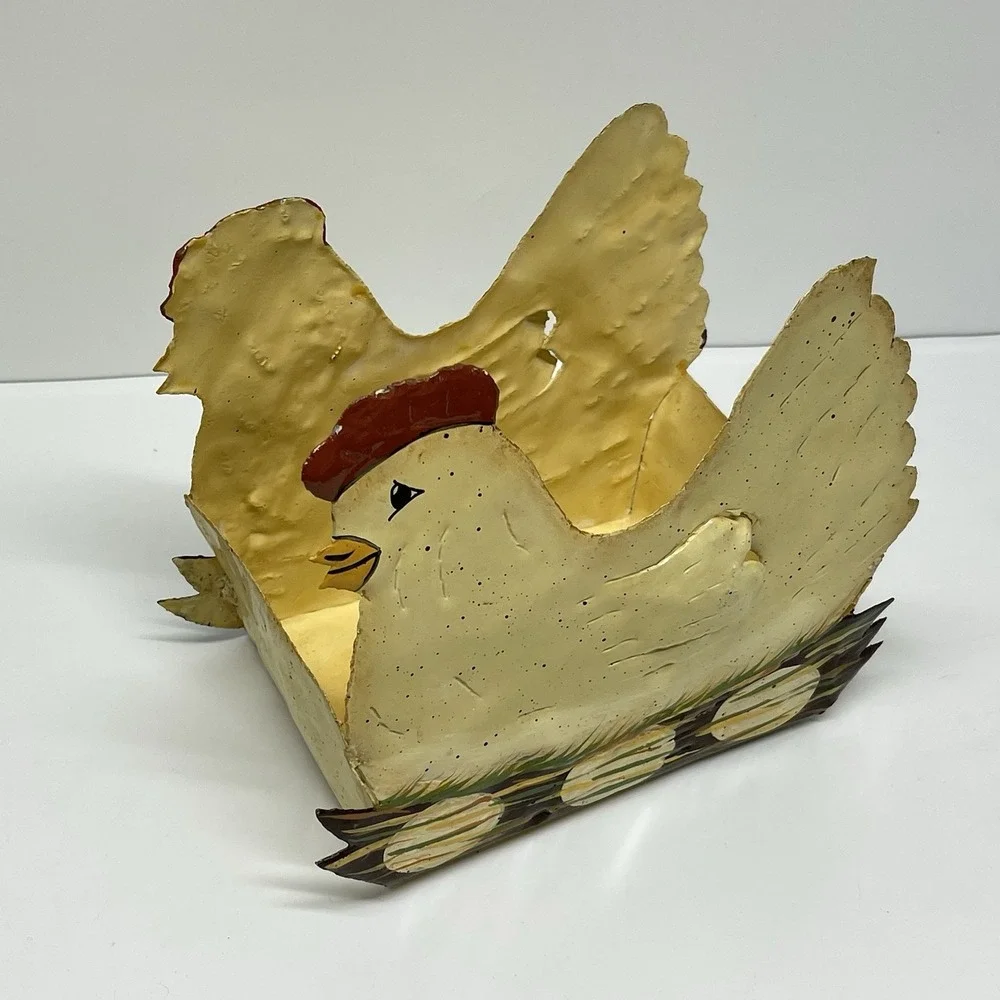 Hen On Nest Painted Metal Nesting Egg Basket Planter Country Core Farmhouse‎ Vtg