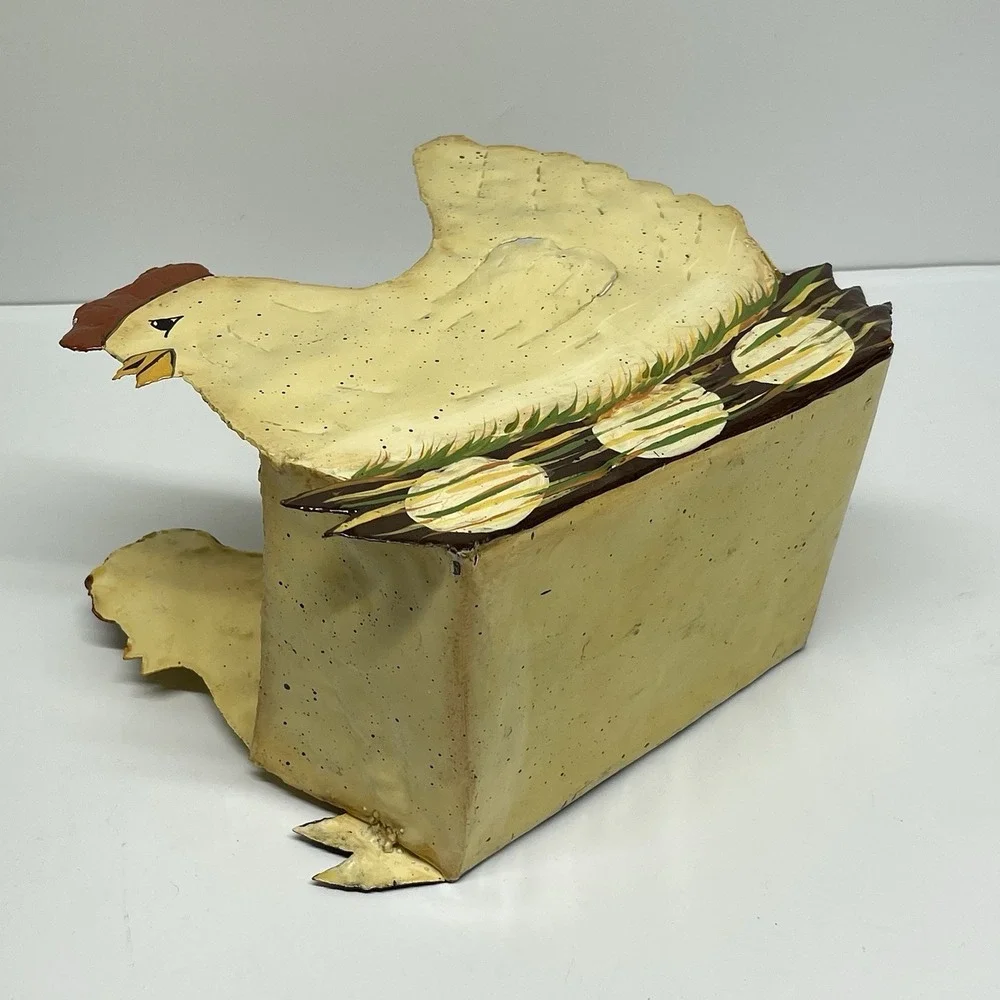 Hen On Nest Painted Metal Nesting Egg Basket Planter Country Core Farmhouse‎ Vtg