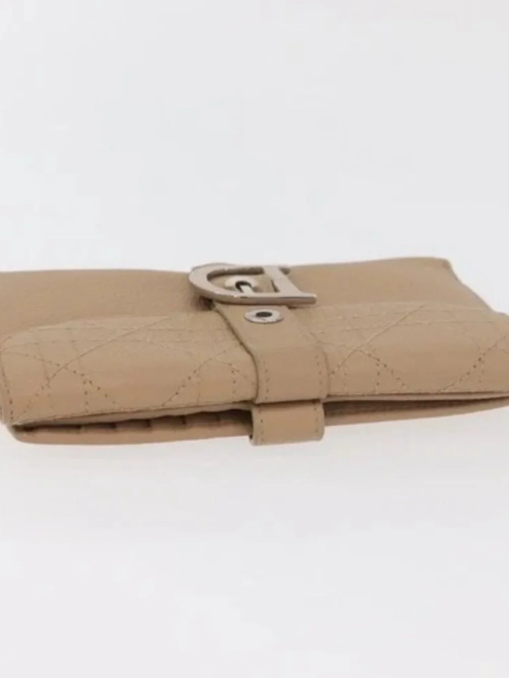Christian Dior Bifold Wallet Leather Beige Silver Auth 181514