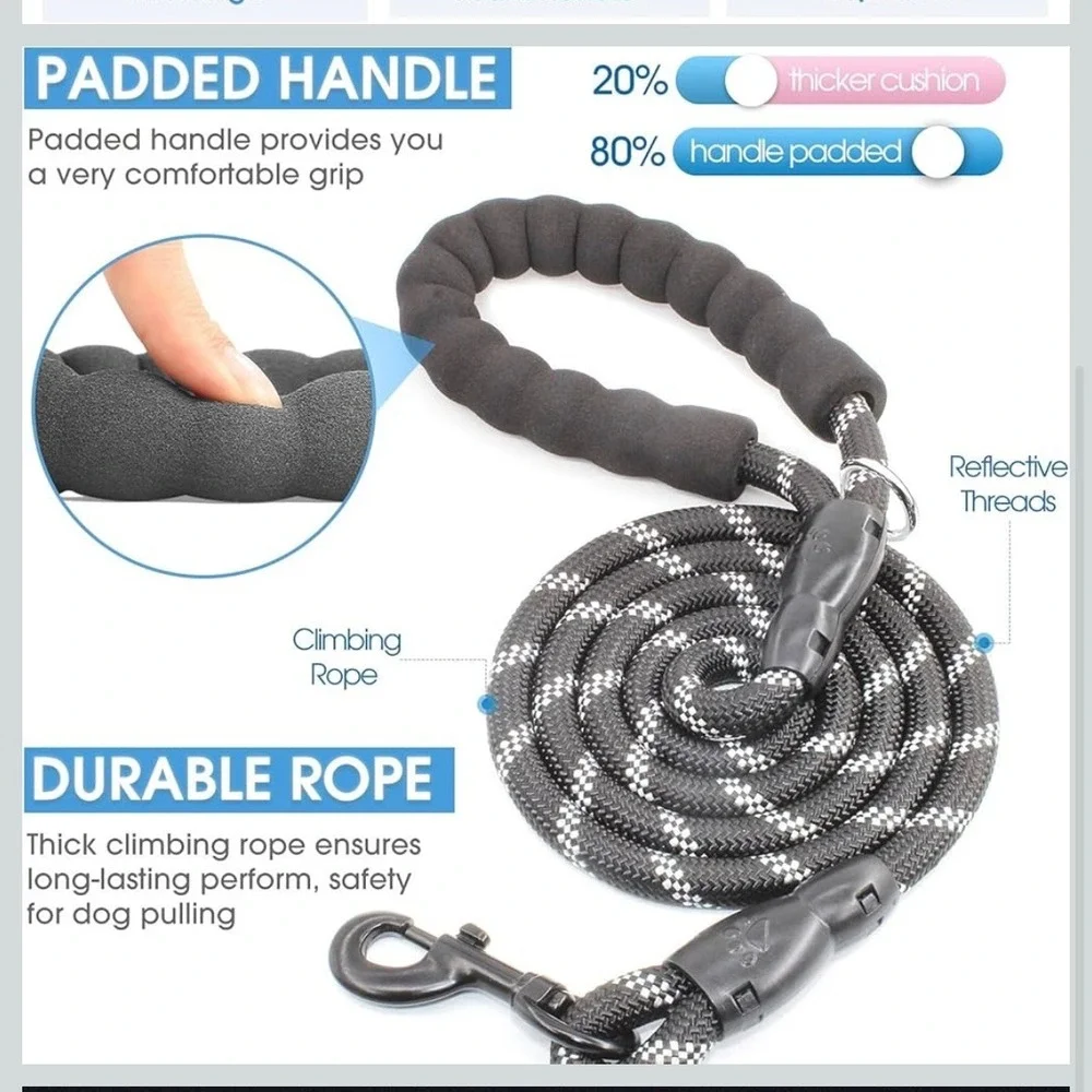 At‎ pet Large Dog Leash 60 Inch Padded Handle Reflective Climbing Rope Black