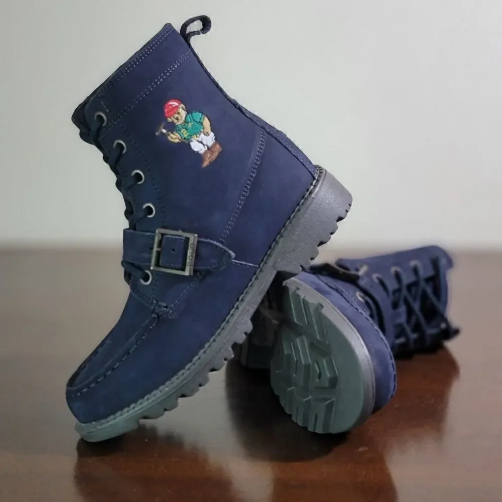Polo Ralph Lauren Bear Ranger Leather Boots Navy Blue Black Youth Size 2 New