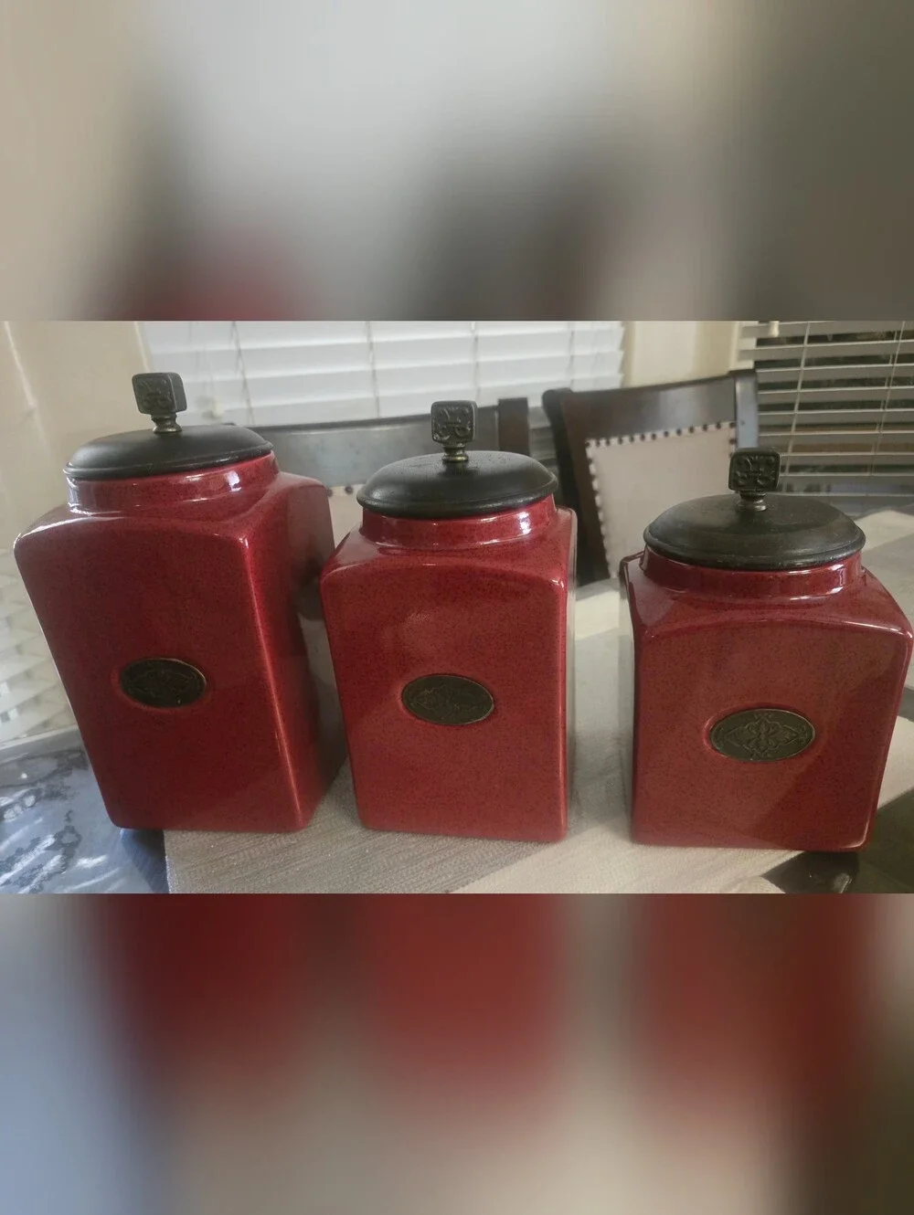 Pier 1 Red Ceramic Canister Set with Black Lids