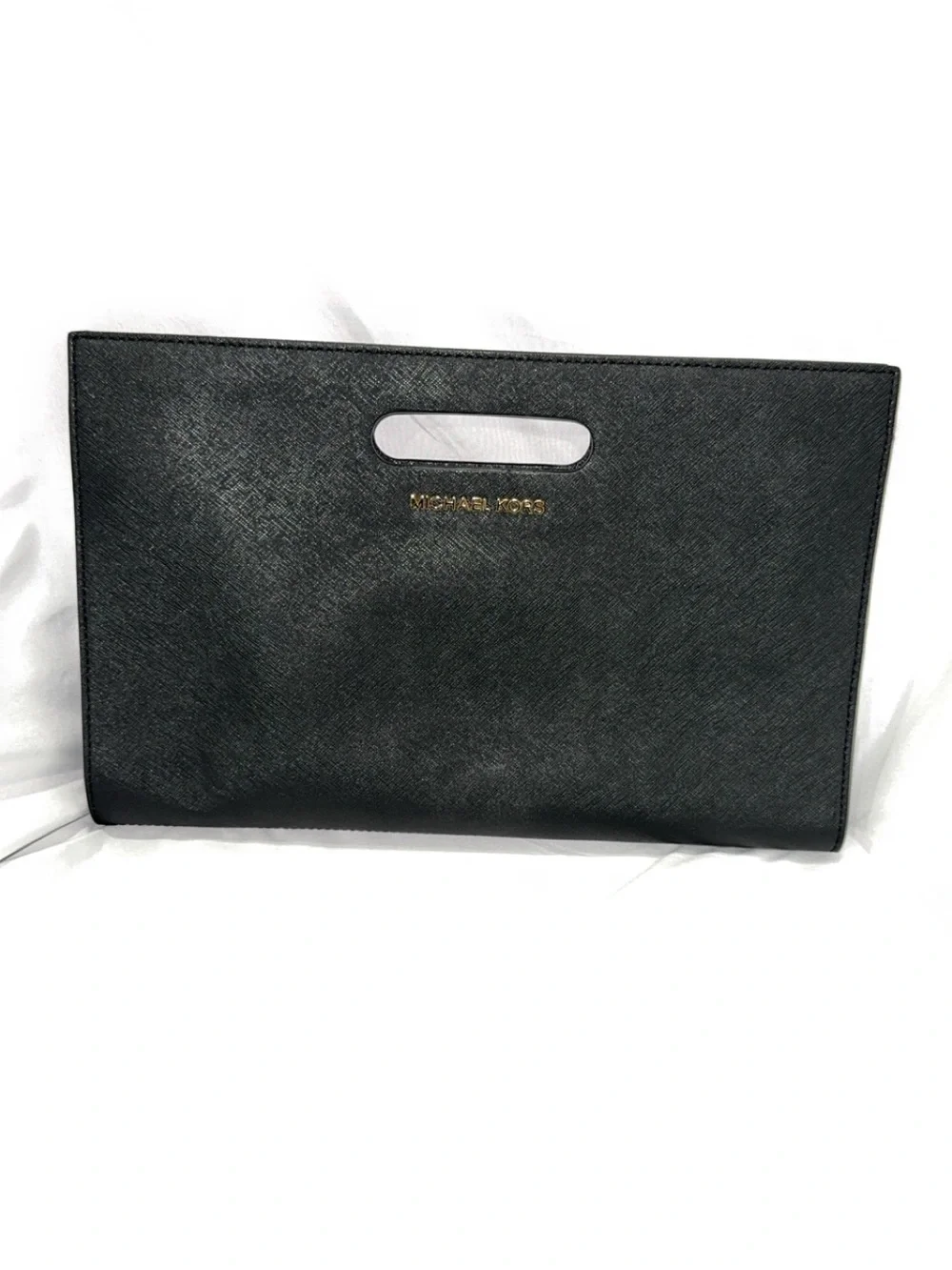 Michael Kors Saffiano Black Leather Cutout Handle Clutch