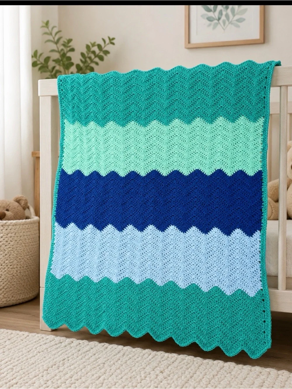 Striped Chevron Baby Throw Blanket in Teal, Aqua & Navy
