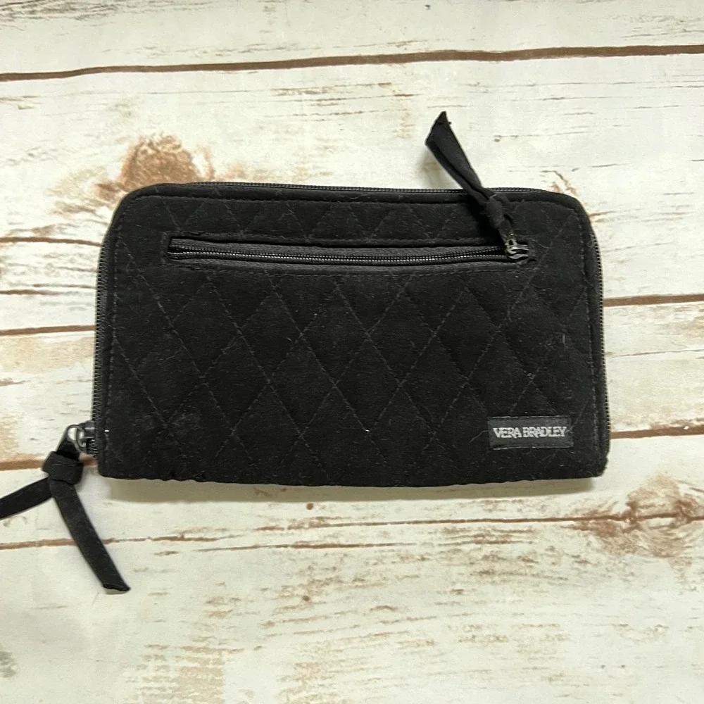Vera Bradley Wallet Black Quilted Cotton Zip Around ID Window 8x4.5in