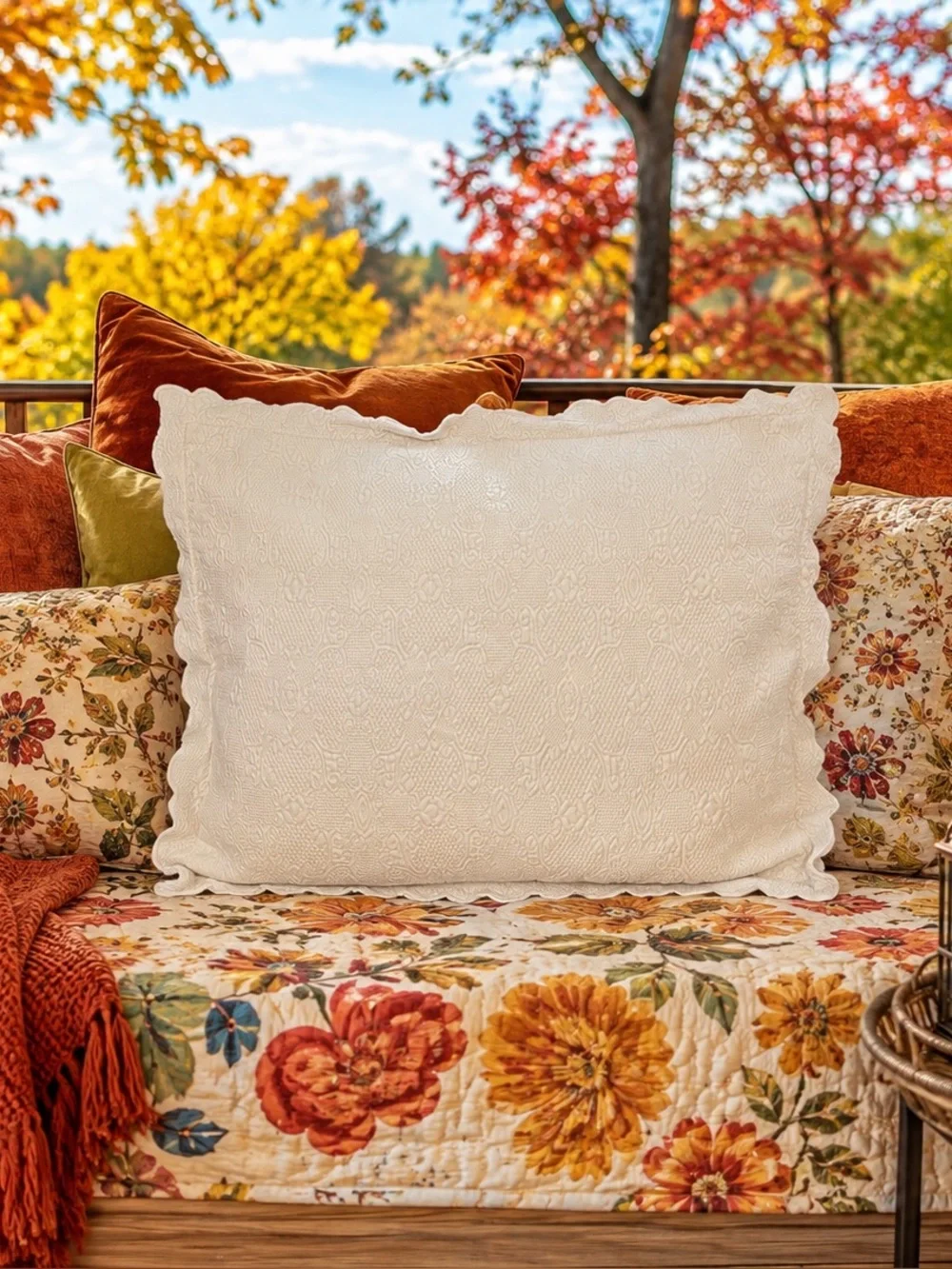 2000s  Locama Quilted Pillow Sham Scalloped Edge White Coverlet  27” X 22.5”