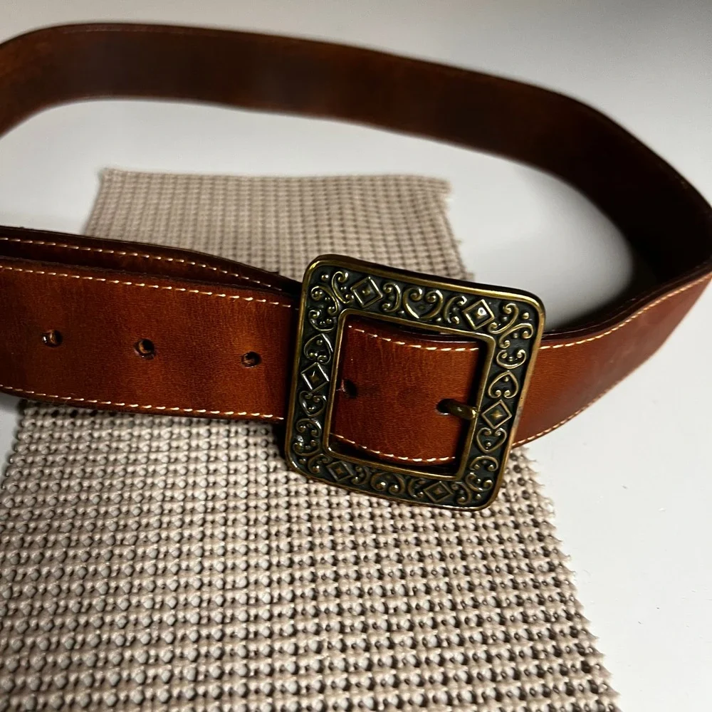 Brighton Brown Leather Belt 36 B20498 Ornate Brass Filigree Heart Buckle Mens