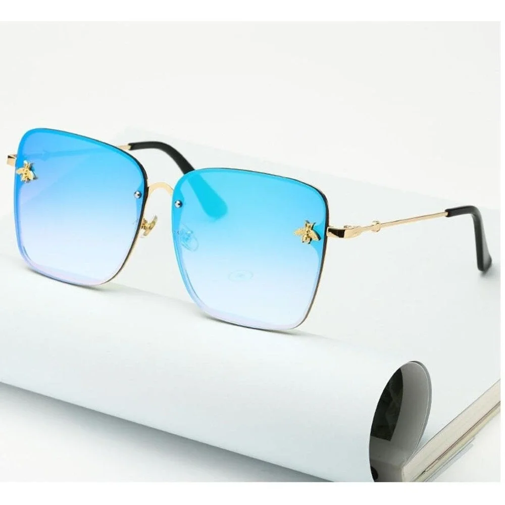 Women‎ Sunglasses Oversized Flat Designer Fashion Blue Mirror Lens Squre Bee New