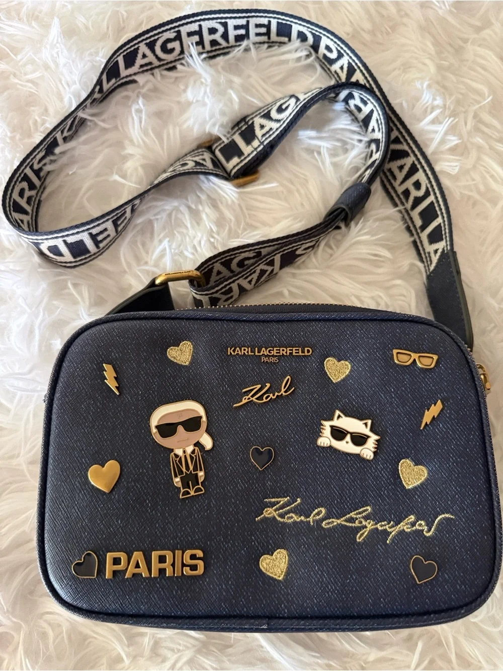 Karl Lagerfeld Navy and Gold Embellished Crossbody Messenger Bag