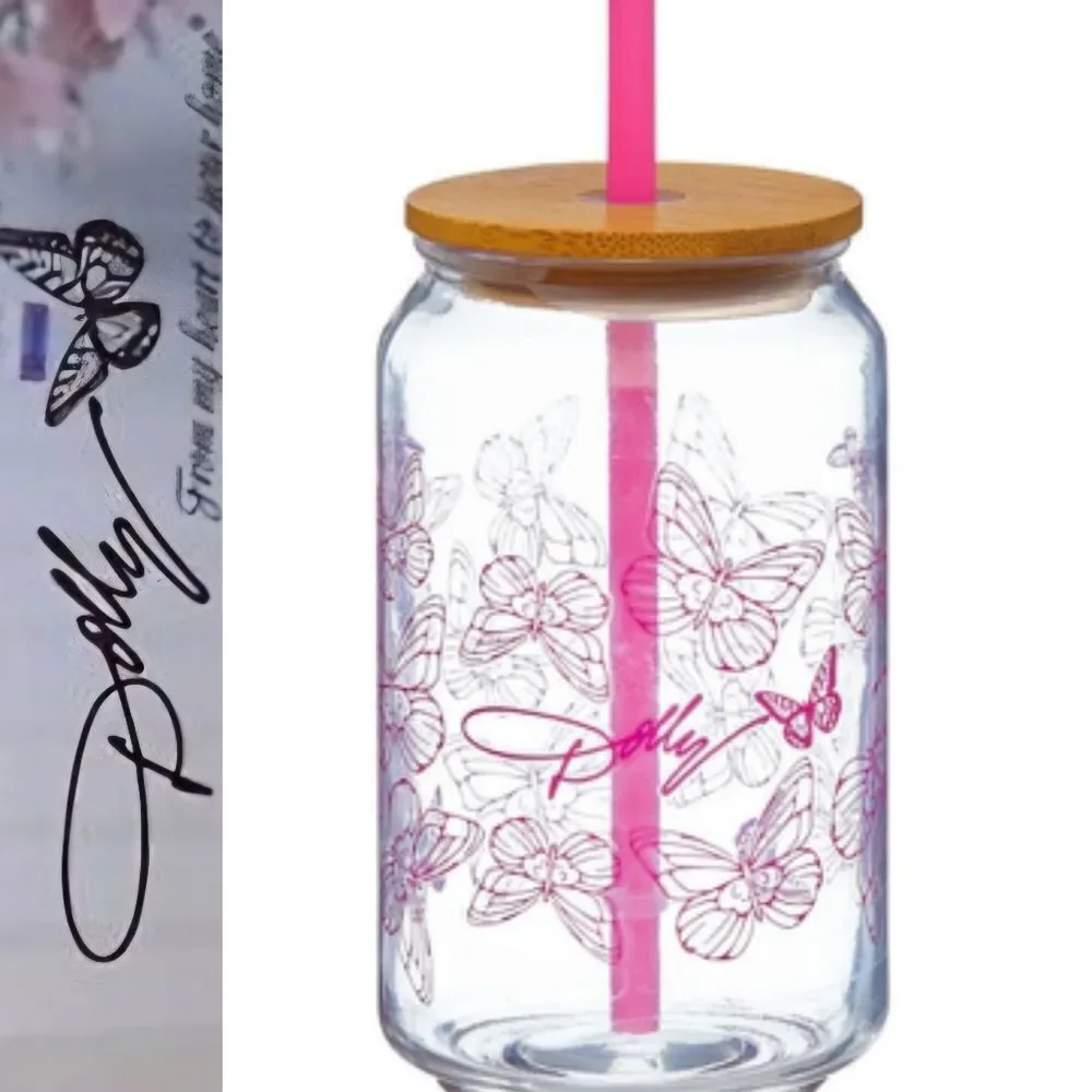Dolly Parton Script‎ Butterfly Glass Jar w/Straw- Pink