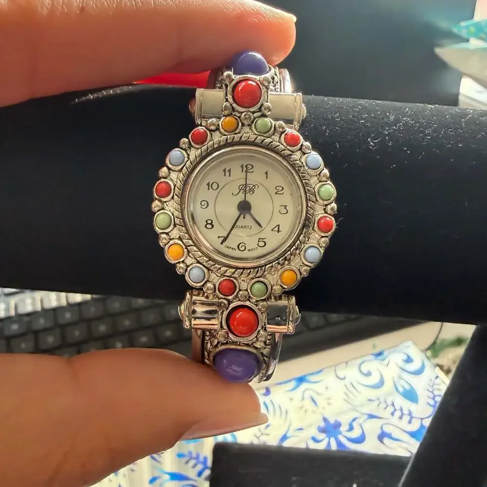 JB Cuff Watch Silver South West Style Colorful Stones