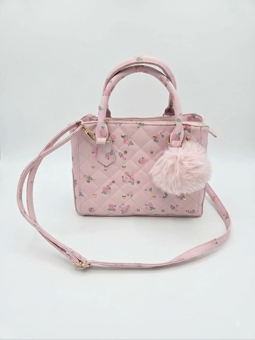 Under One Sky Pink Purse, Crossbody Straps, Pompom, Roses And Hearts, Quilted