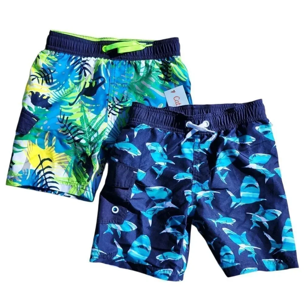 Cat & Jack Swim Trunks Lot of 2 Shorts Mesh Lined Sharks Striped Boys XS 4/5