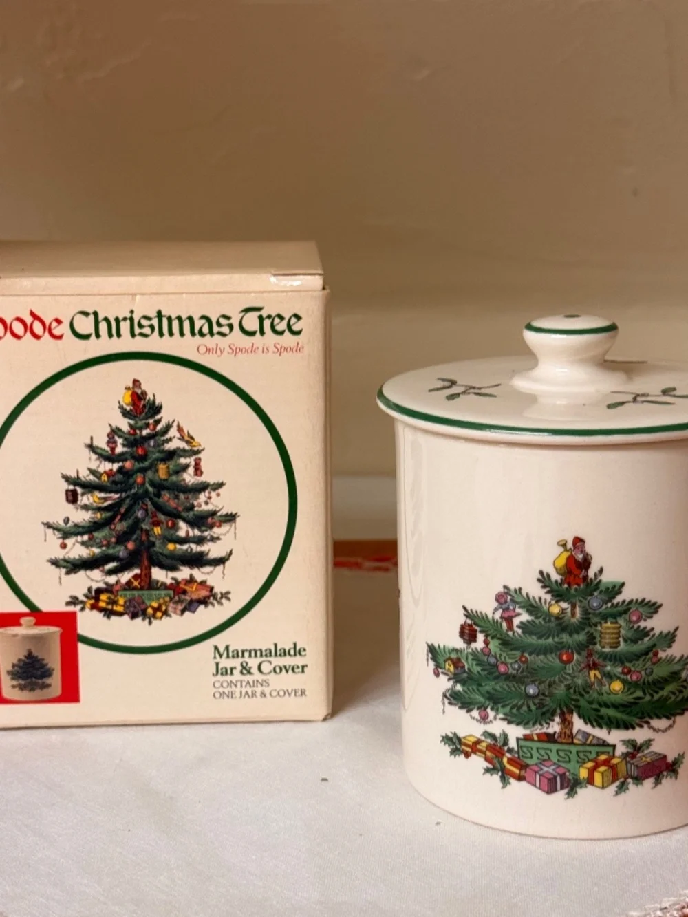 Vintage 1980's SPODE CHRISTMAS TREE Porcelain Marmalade Jar with Lid  New in Box