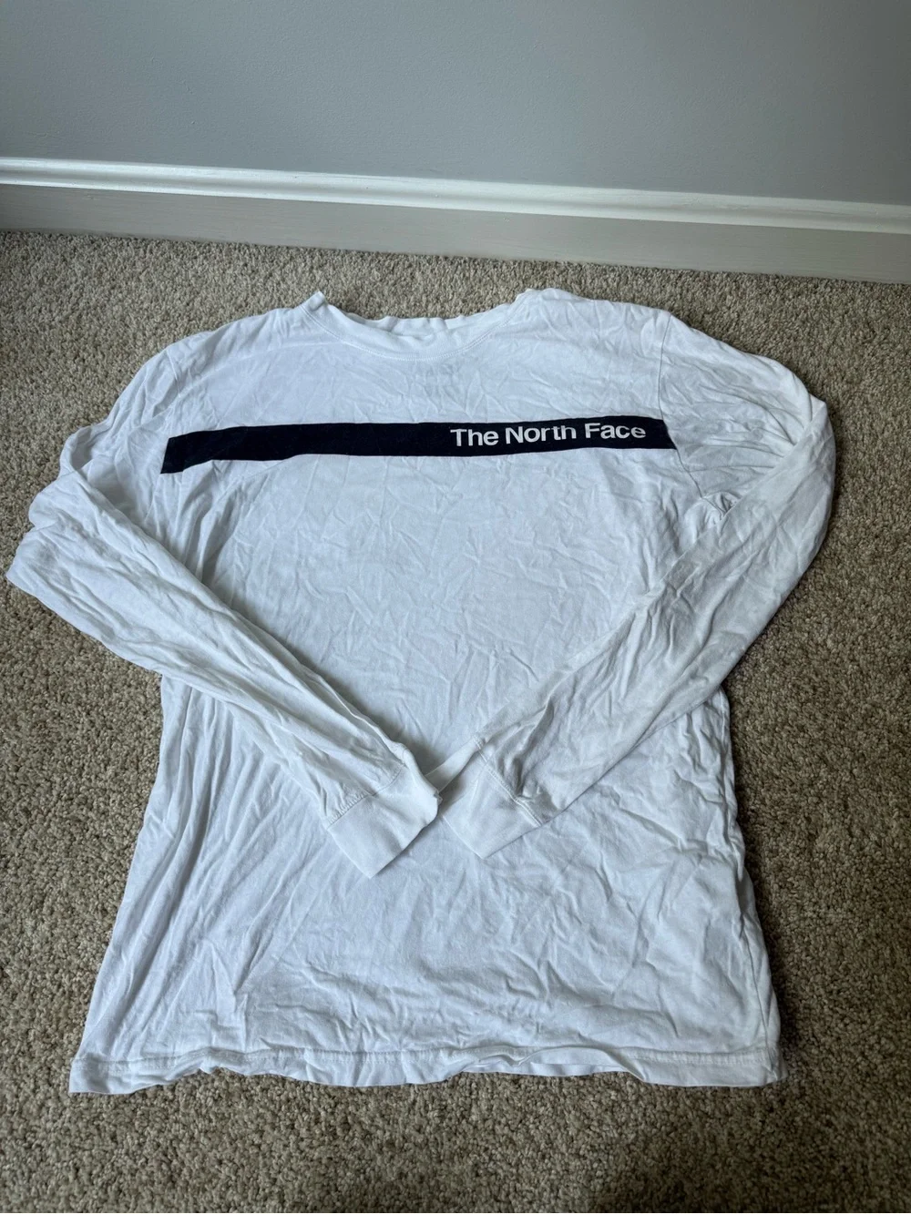 The North Face Men’s Long-Sleeve Logo Shirt — White with Navy Stripe