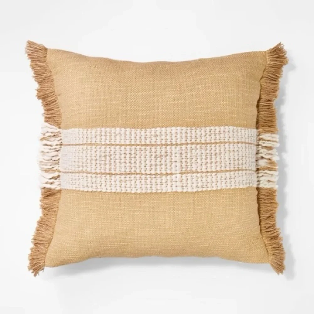 Woven Striped Square Throw Pillow Neutral/Cream: Fringed Trim Studio McGee