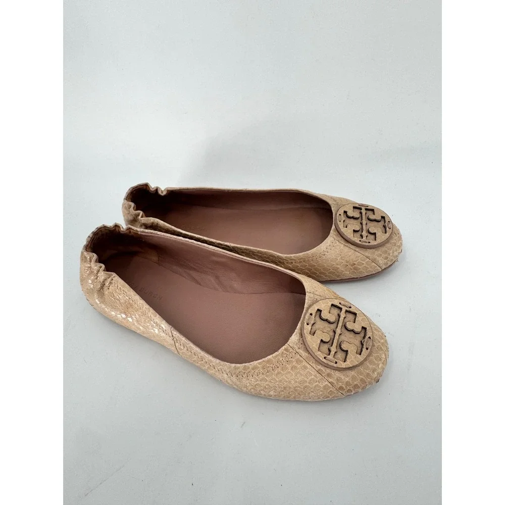 Tory Burch Minnie Travel Ballet Flats Women 6 Beige‎ Snakeskin Embossed Leather