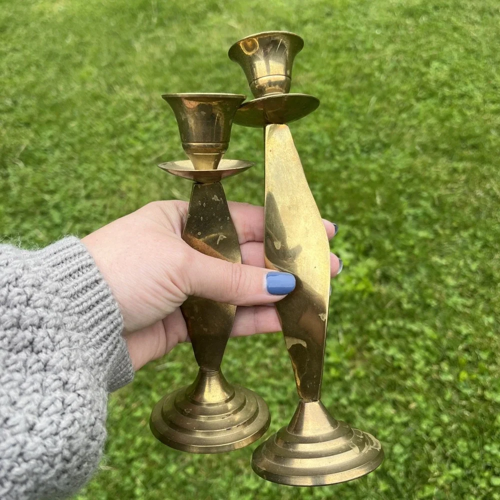 Brass Candlestick Candle Holders‎ Spiral Twisted MCM India Vtg Pair Offset
