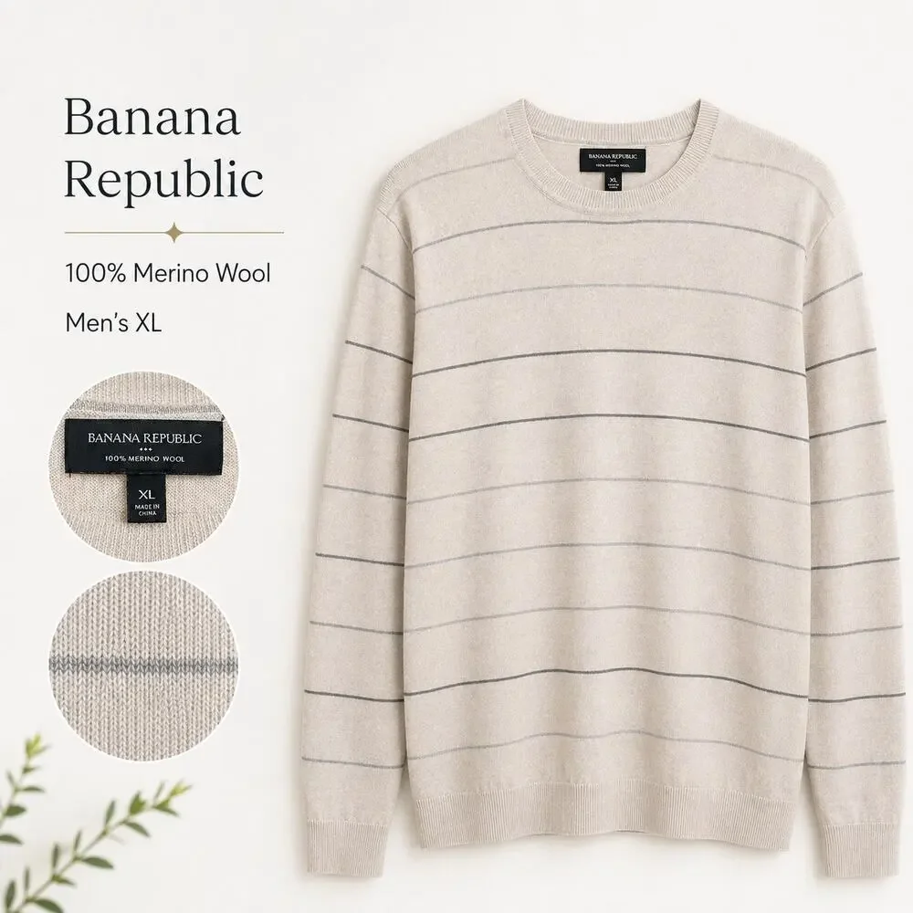 Banana Republic Men’s XL 100% Merino Wool Striped Crewneck Sweater Ivory Gray