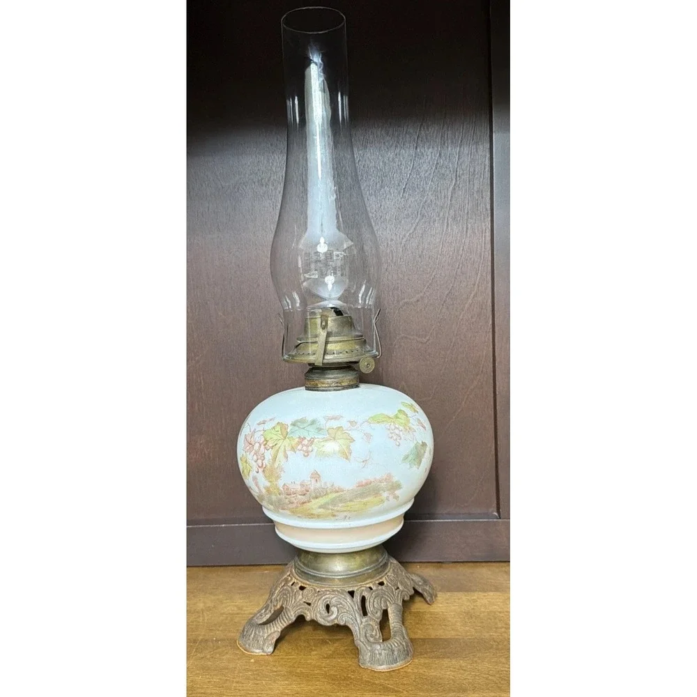 Oil Lamp Glass Transfer pattern Grapevine Winery Vintage 19
