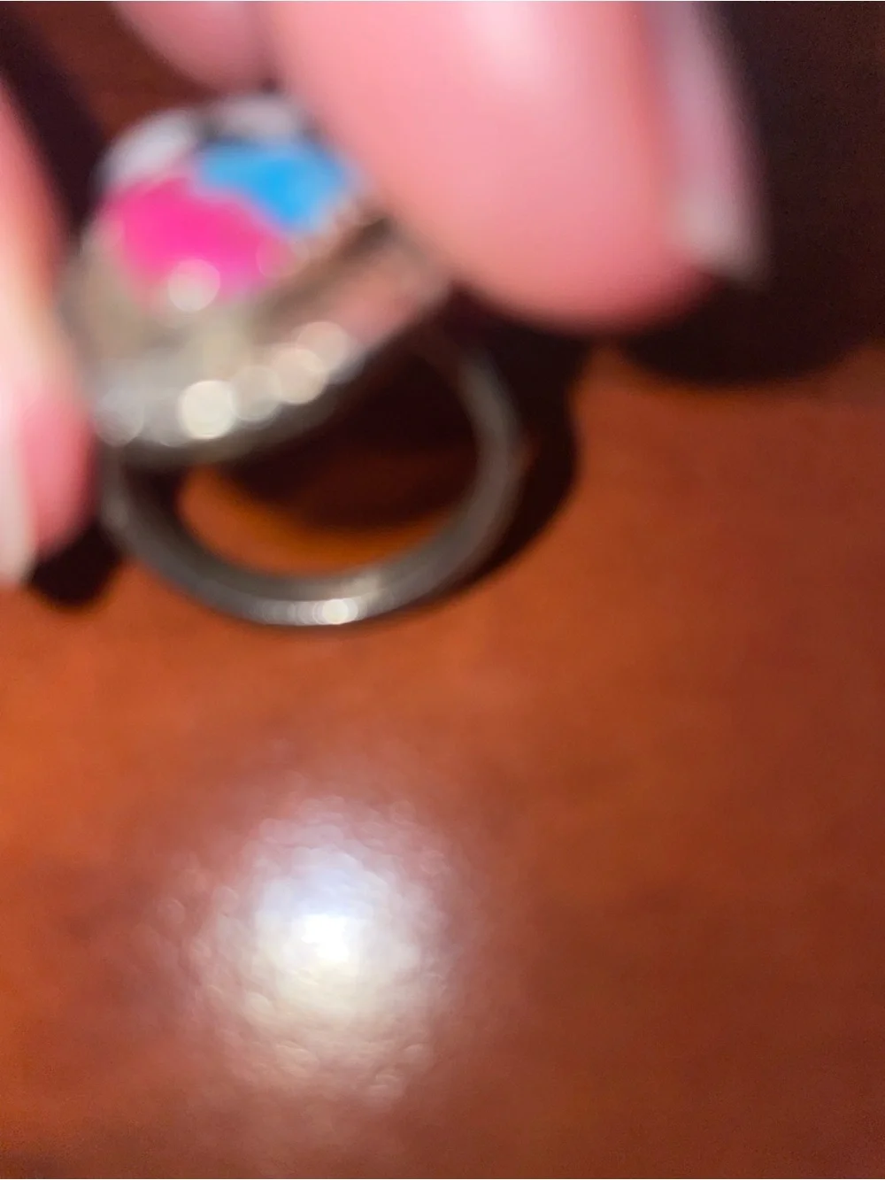 Silver stamped size 5.5 Teardrop Inlay Ring with Pink and Blue Accents