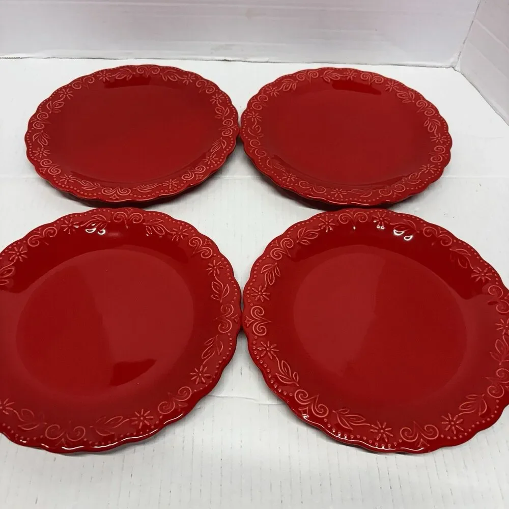 Pioneer Woman Red Salad Plates Set of 4 Floral Scalloped Stoneware 9”