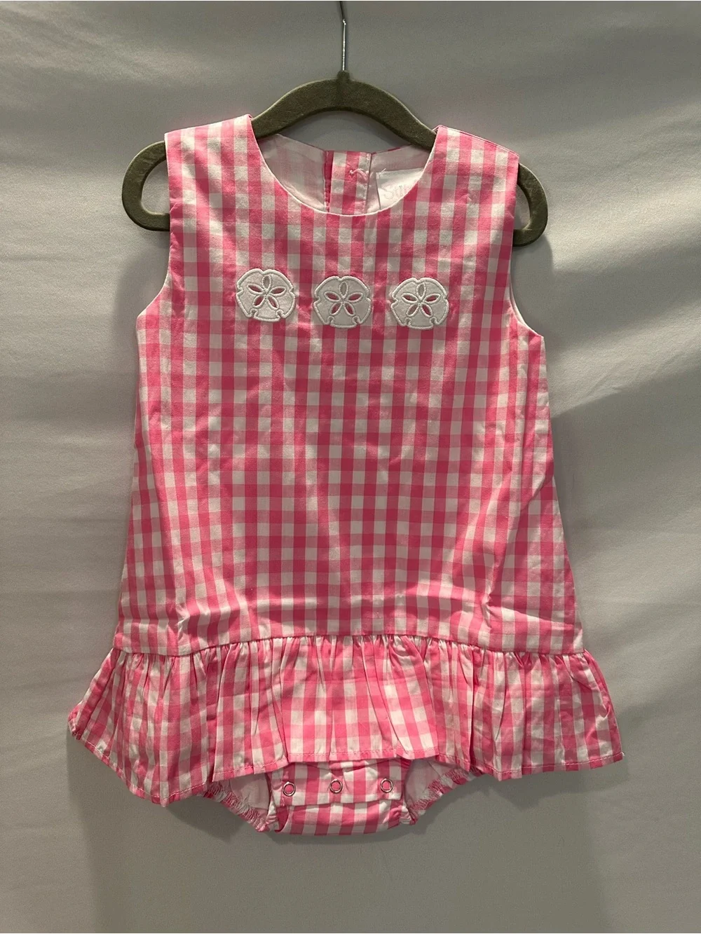 Pink Gingham Baby One-Piece Romper Dress with Floral Appliqués