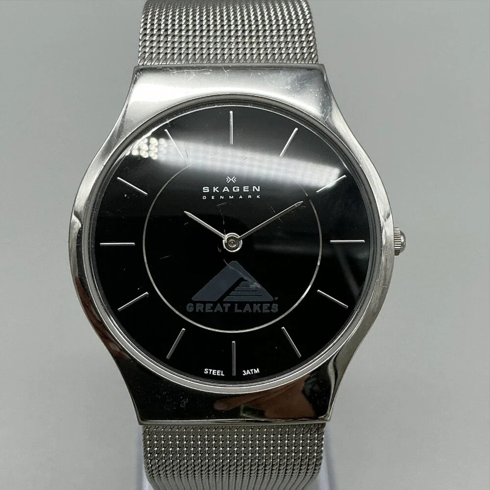 Skagen Mens Watch 34mm Black Dial Great Lakes Logo Mesh Stainless New Battery
