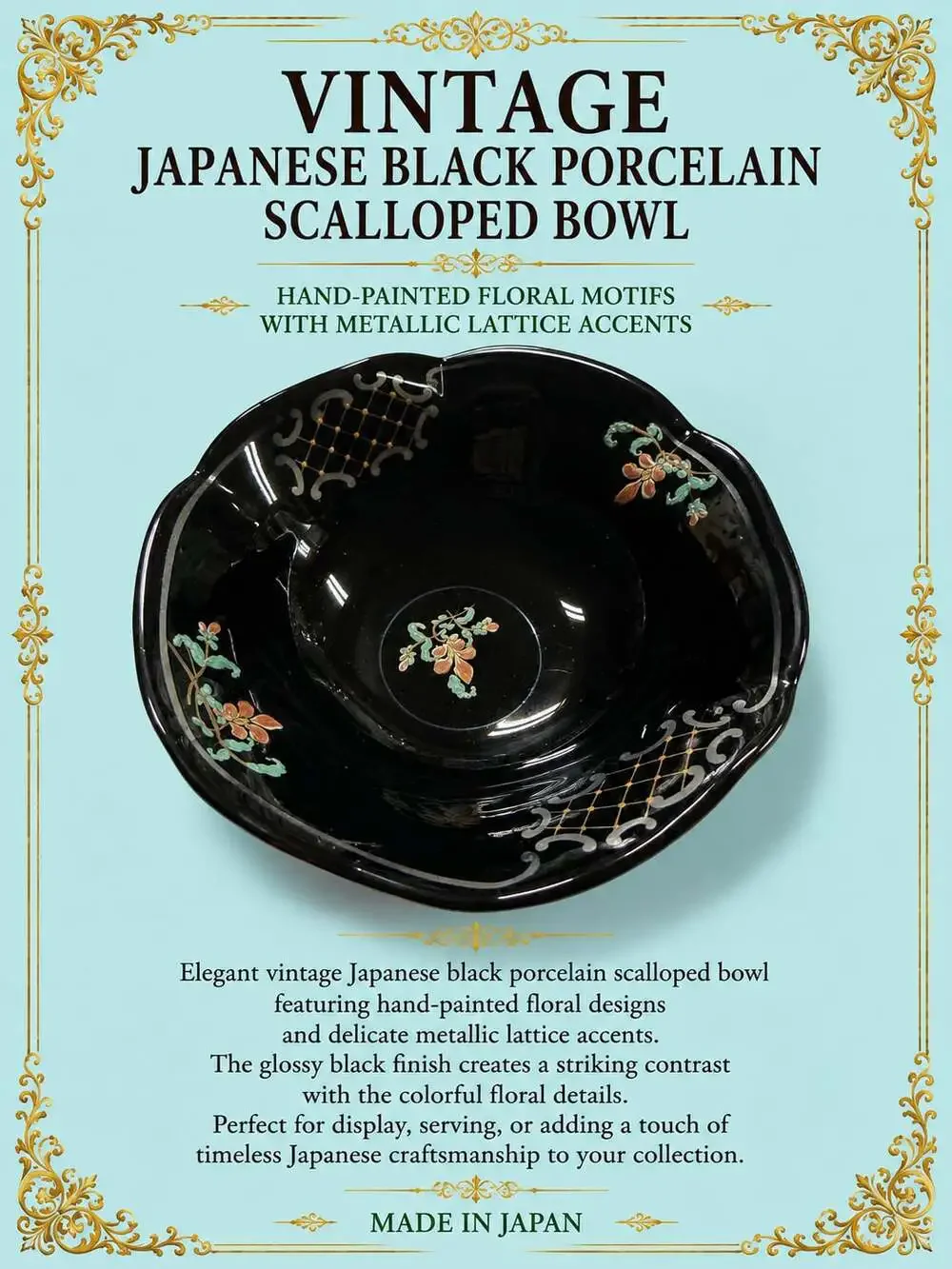 Vintage Japanese Black Porcelain Scalloped Footed Bowl with Hand-Painted Floral