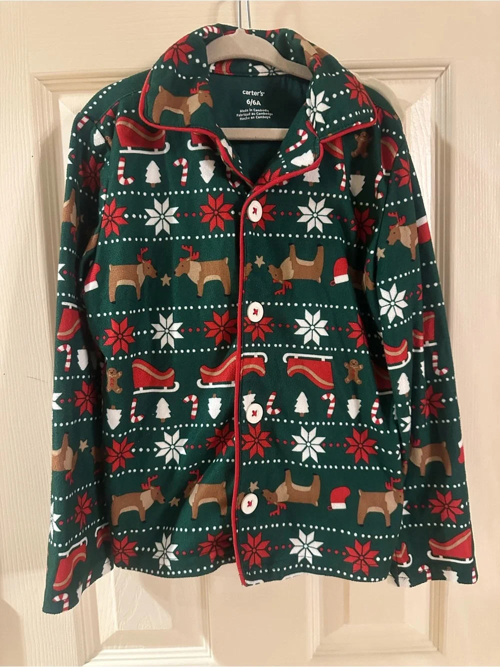 Carter's Green Holiday Reindeer Print Button-Up Pajama Set