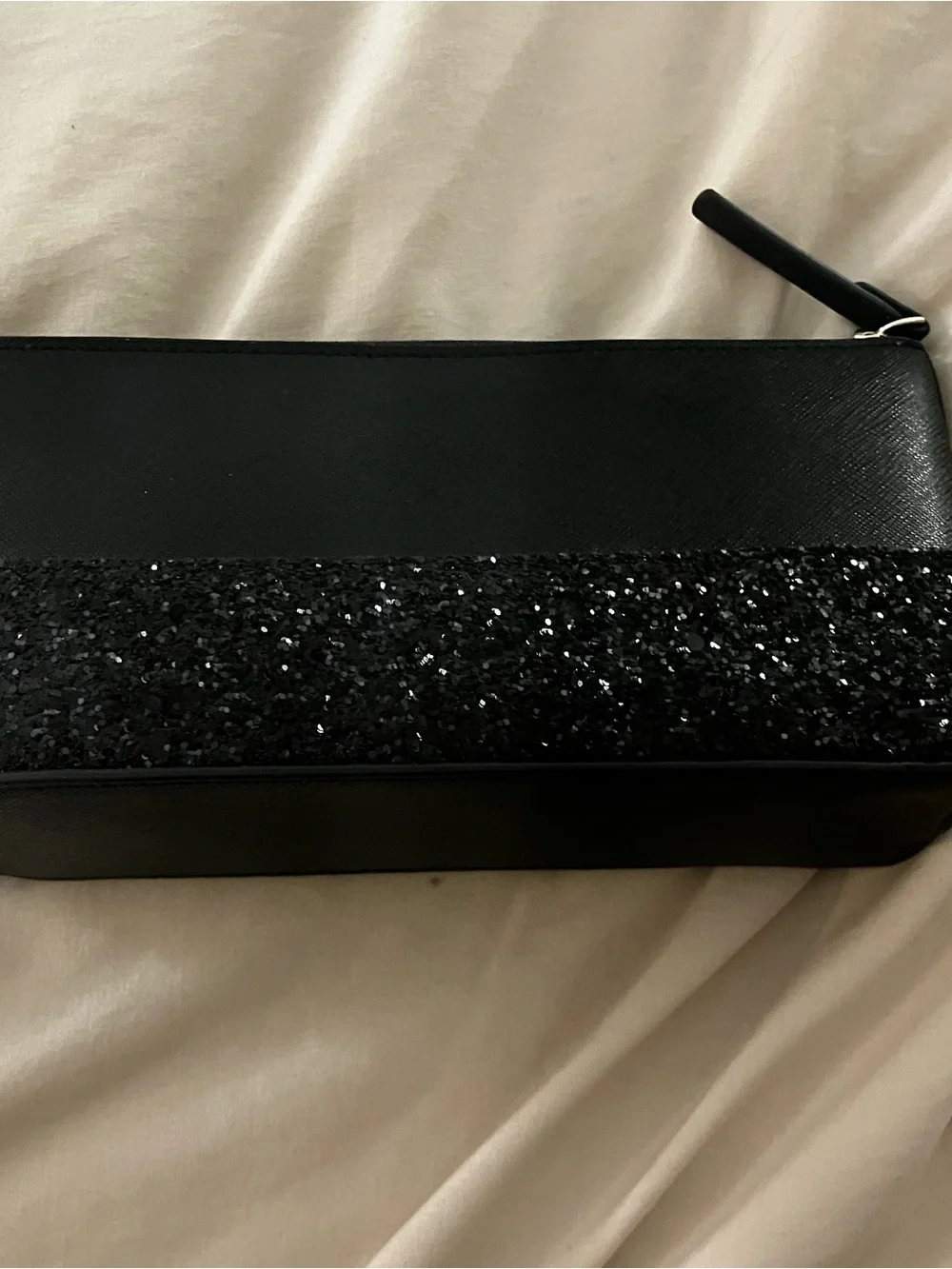 Kate Spade New York Black Saffiano Leather Glitter Makeup Bag Cosmetic Pouch Zip