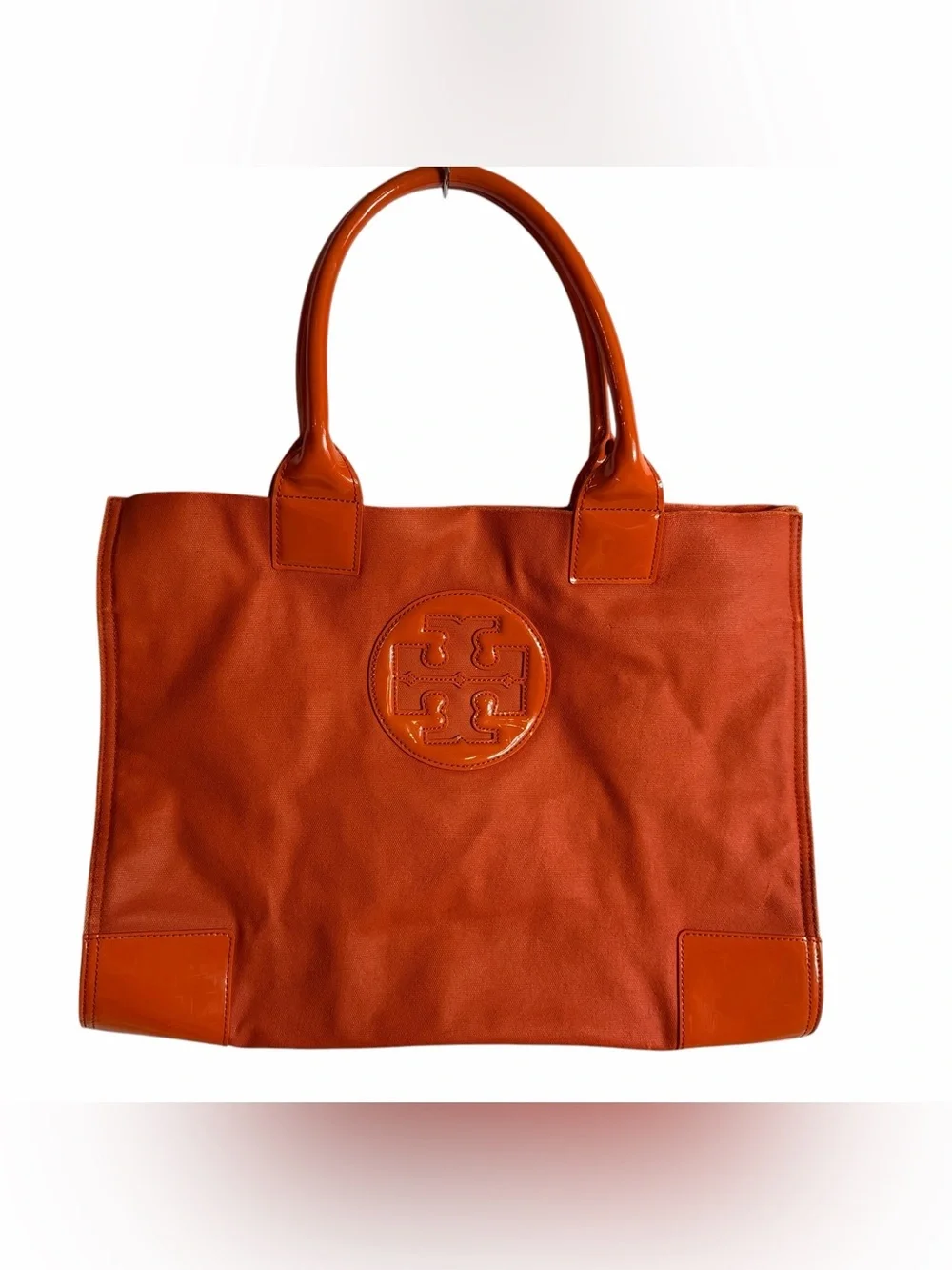 Tory Burch Orange Canvas Tote Patent Leather Trim Embossed Logo Bag