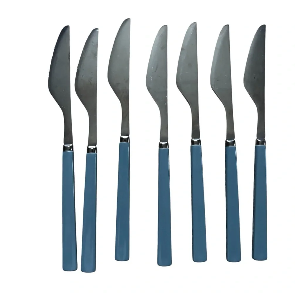 Vintage Melamine Set Stainless Steel Flatware Blue 7 Knives 8 Forks Set of 15