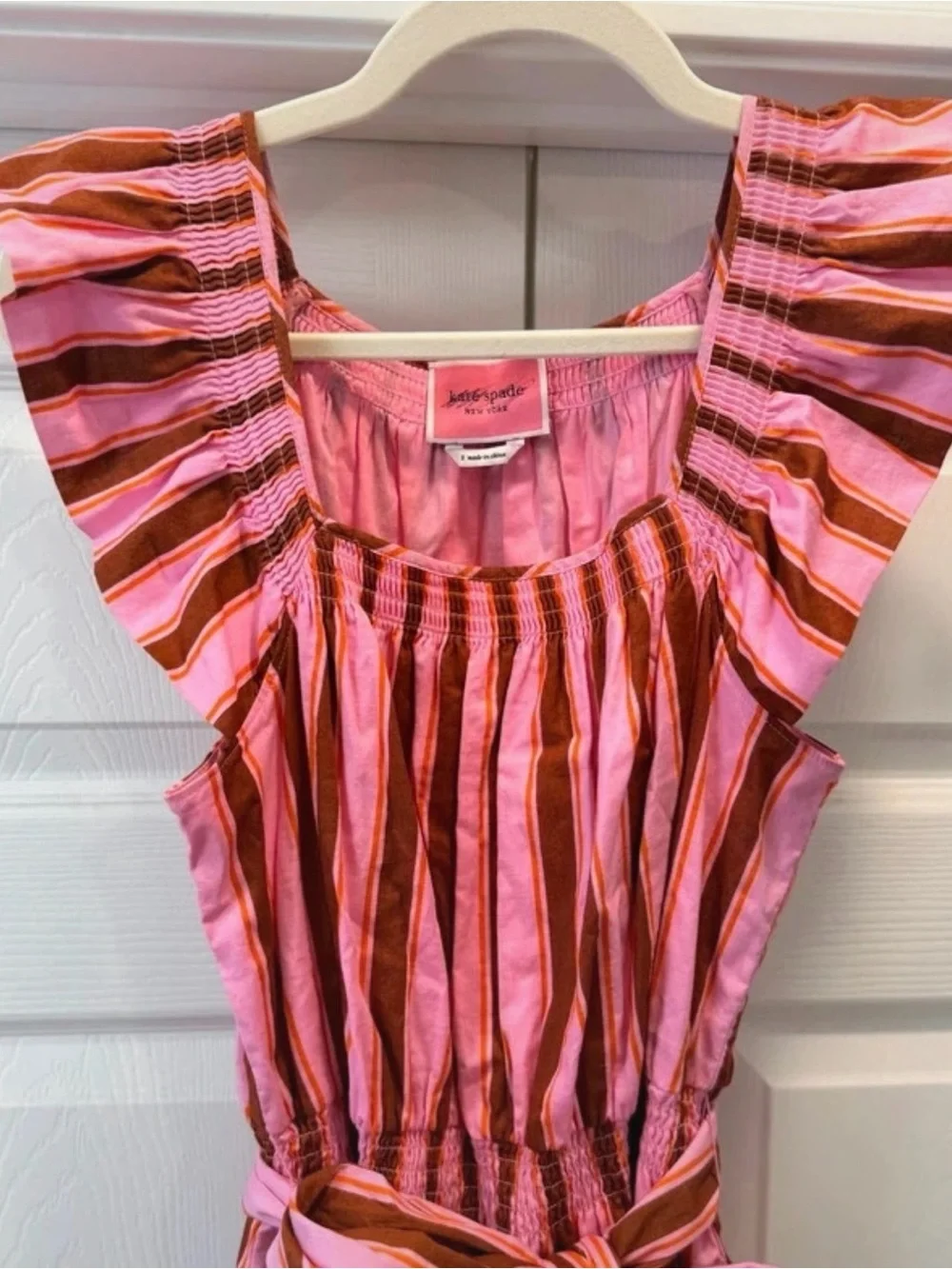 Kate Spade Dress Small Pink Brown Stripe Ruffle Sleeve Tie Waist Pockets cotton
