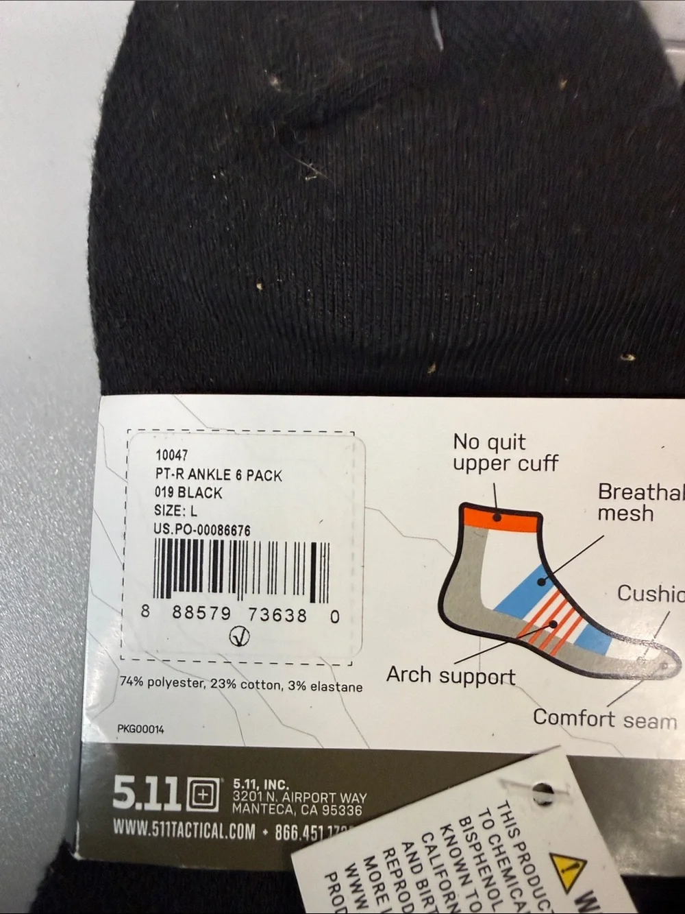 5.11 TACTICAL Men's PT-R Basic Ankle Socks (6-Pack) Size L in Black
