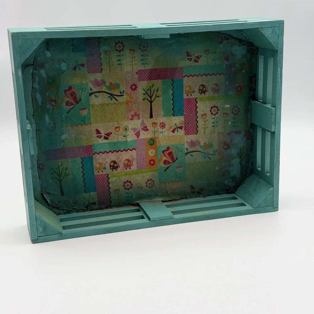 Teal Blue Wood Storage Crate Whimsical Butterfly Bird Patchwork Nursery 14in
