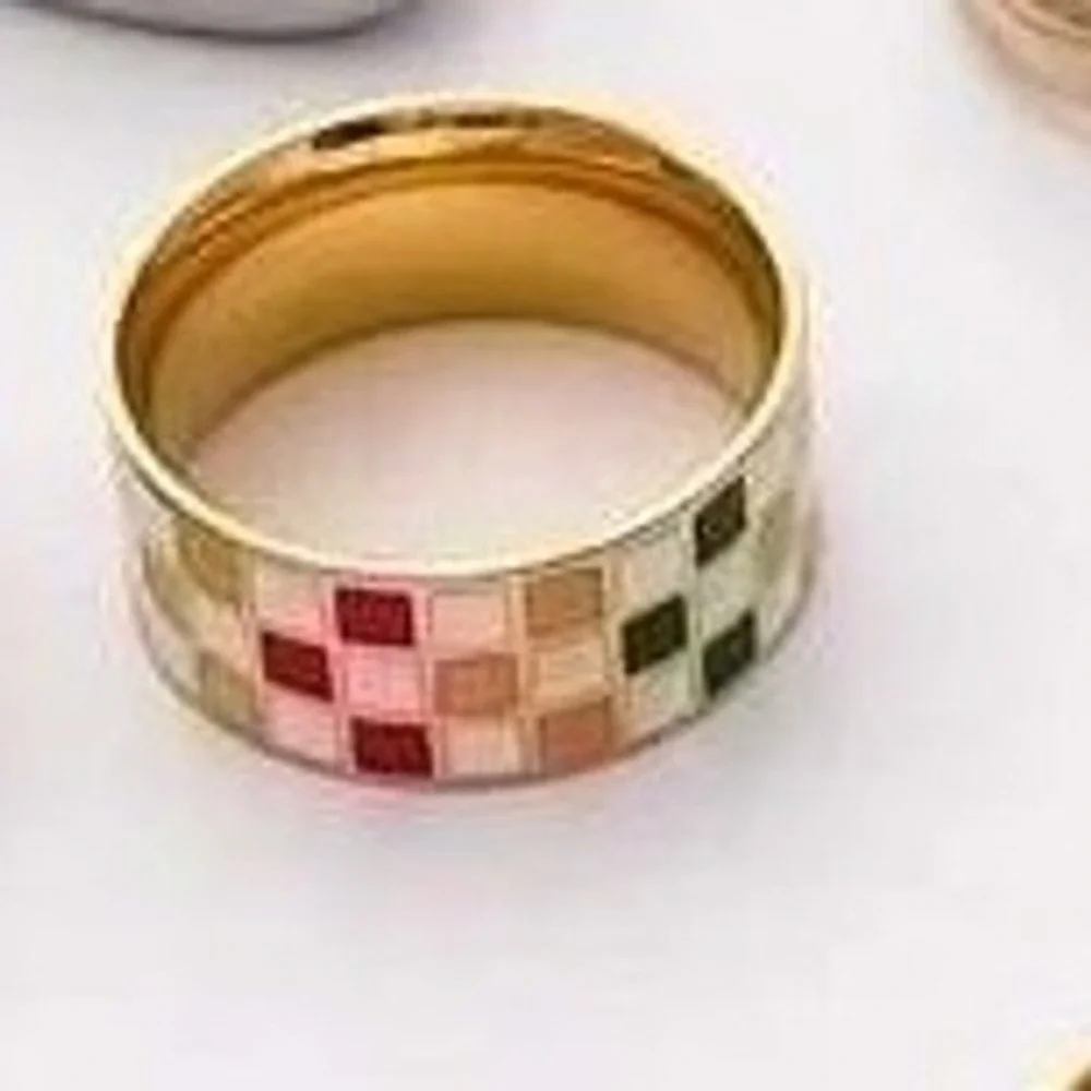 Colorful Checkered Band Titanium Ring Gold Plated‎ Statement Ring Size 7