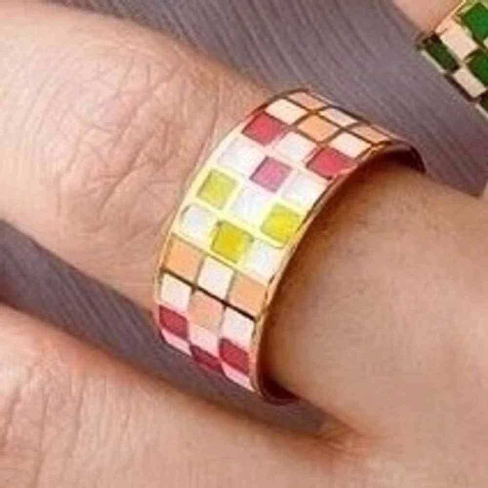 Colorful Checkered Band Titanium Ring Gold Plated‎ Statement Ring Size 7